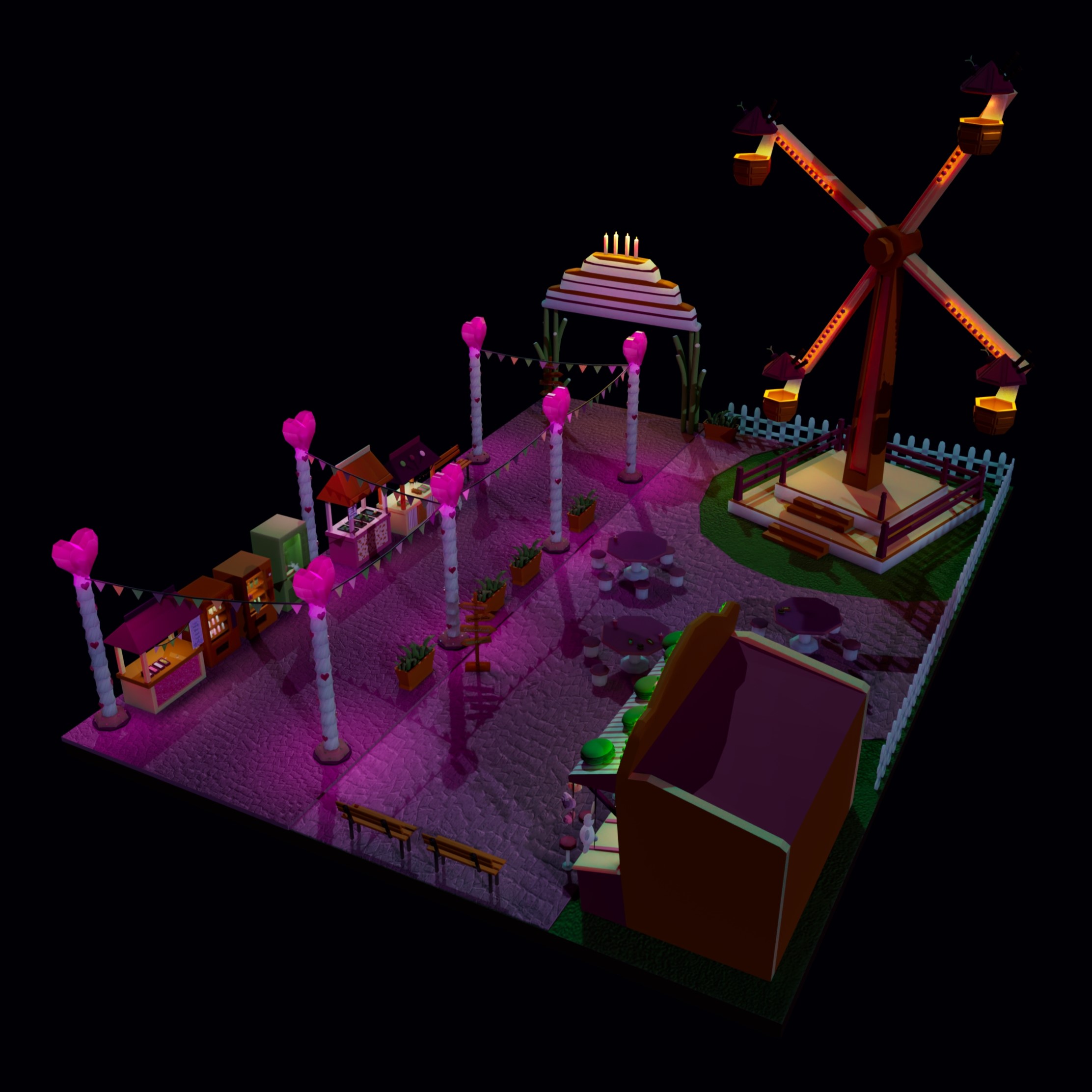 Final render of a Candyland amusement park at night, glowing with bright neon lights and magical ambiance.