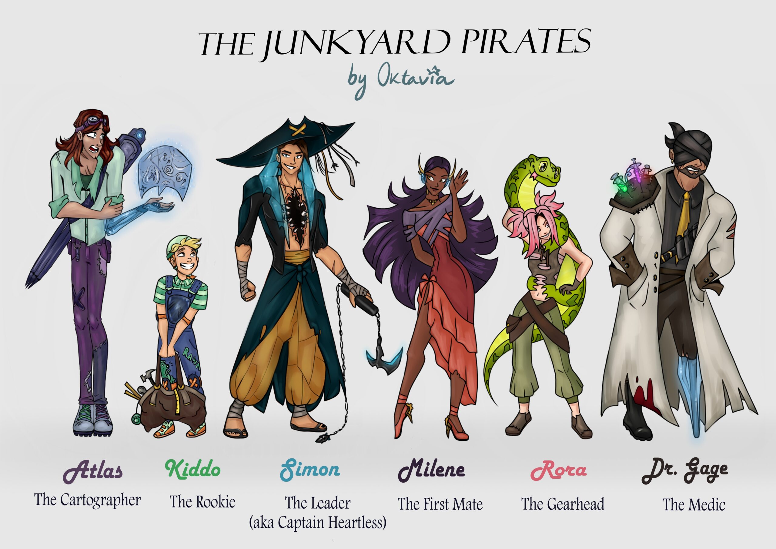 Character lineup of the Junkyard Pirates, a rebellious crew sailing a wasteland sea in a ship made of salvaged wreckage.