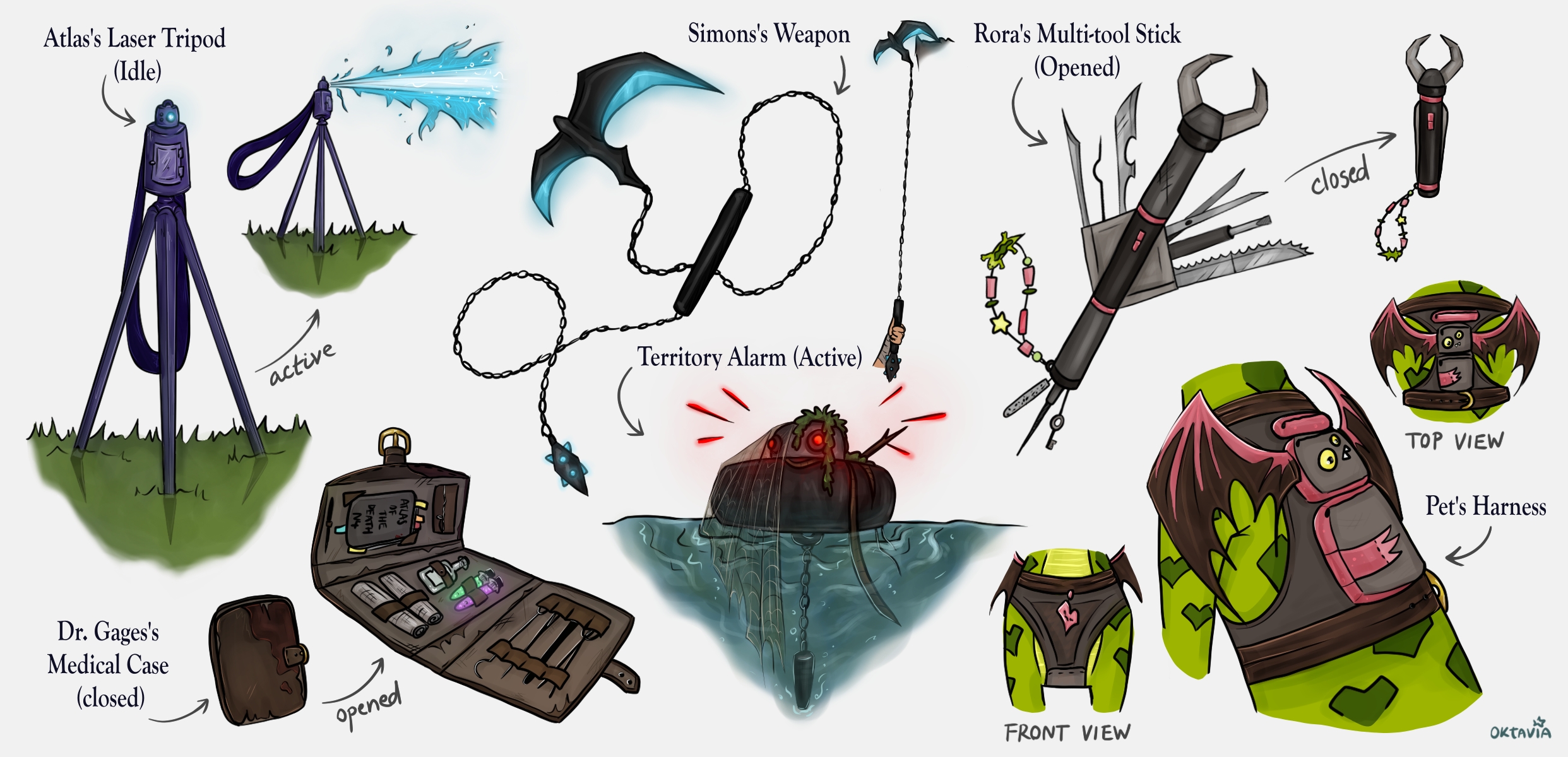 A lineup of pirate-themed weapons and tools designed for the Junkyard Pirates, each crafted for a specific crew member and their role.