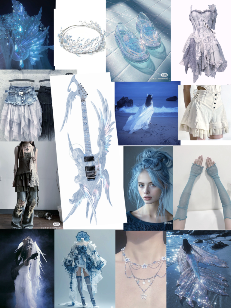 oodboard showcasing the color palette and design inspirations for Oktavia, symbolizing depth, creativity, and mystery.