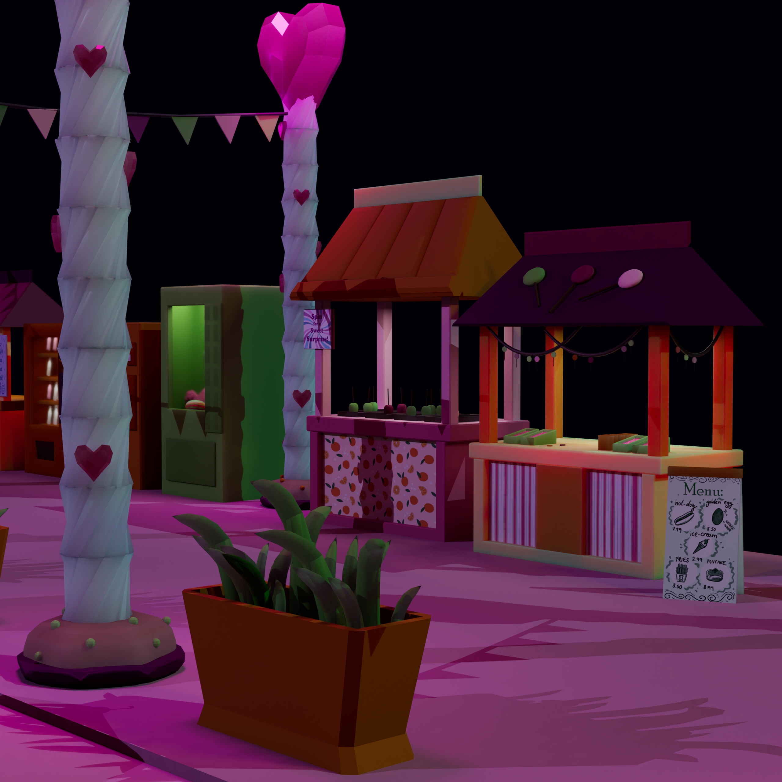 3D modeled Candyland amusement park in Maya, showcasing colorful candy-themed structures.