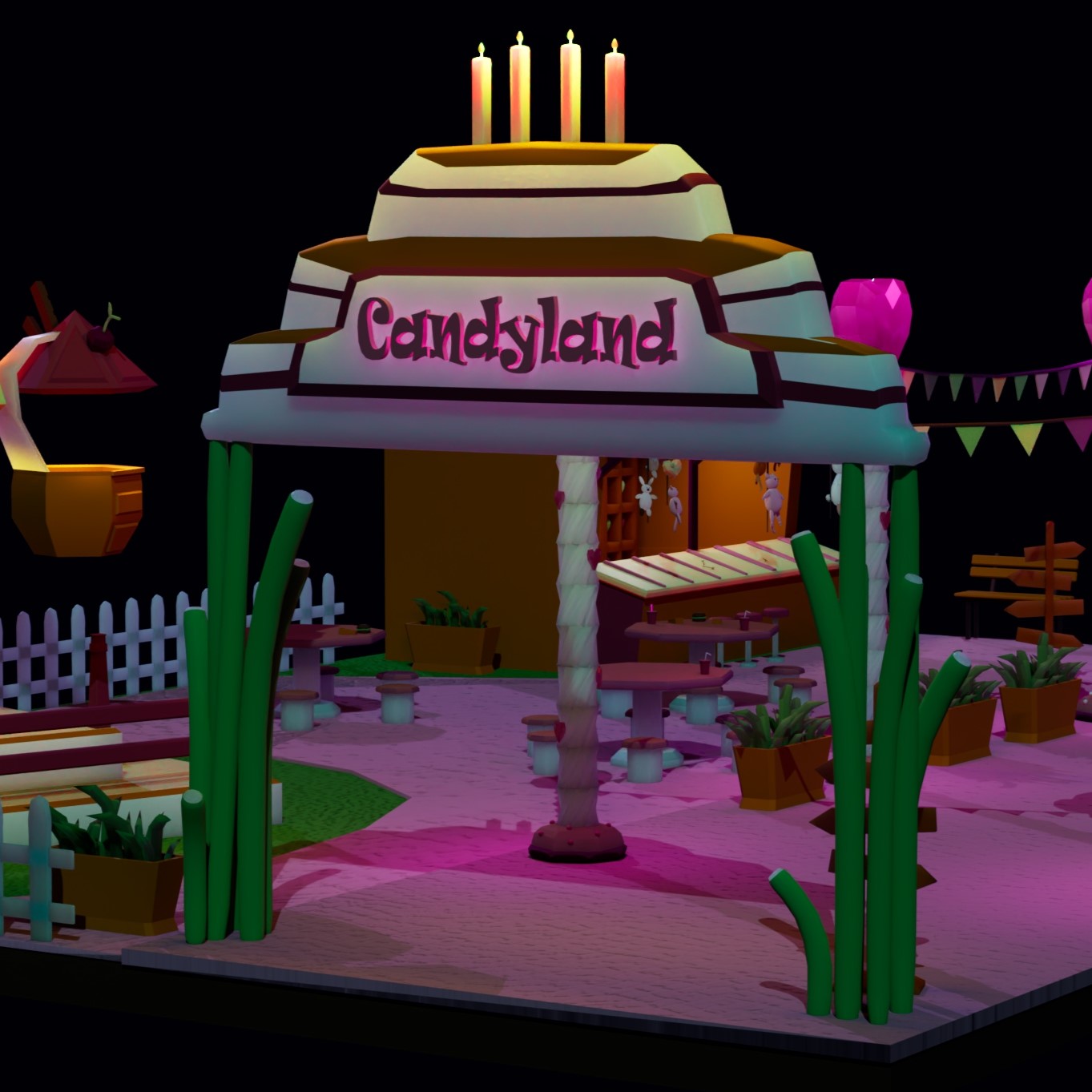 3D modeled Candyland amusement park in Maya, showcasing colorful candy-themed structures.