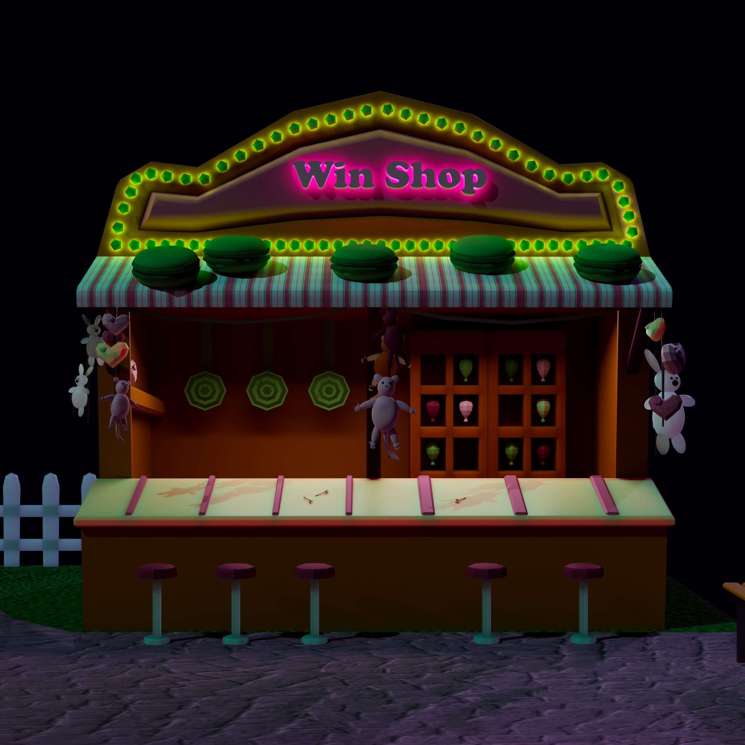 3D modeled Candyland amusement park in Maya, showcasing colorful candy-themed structures.