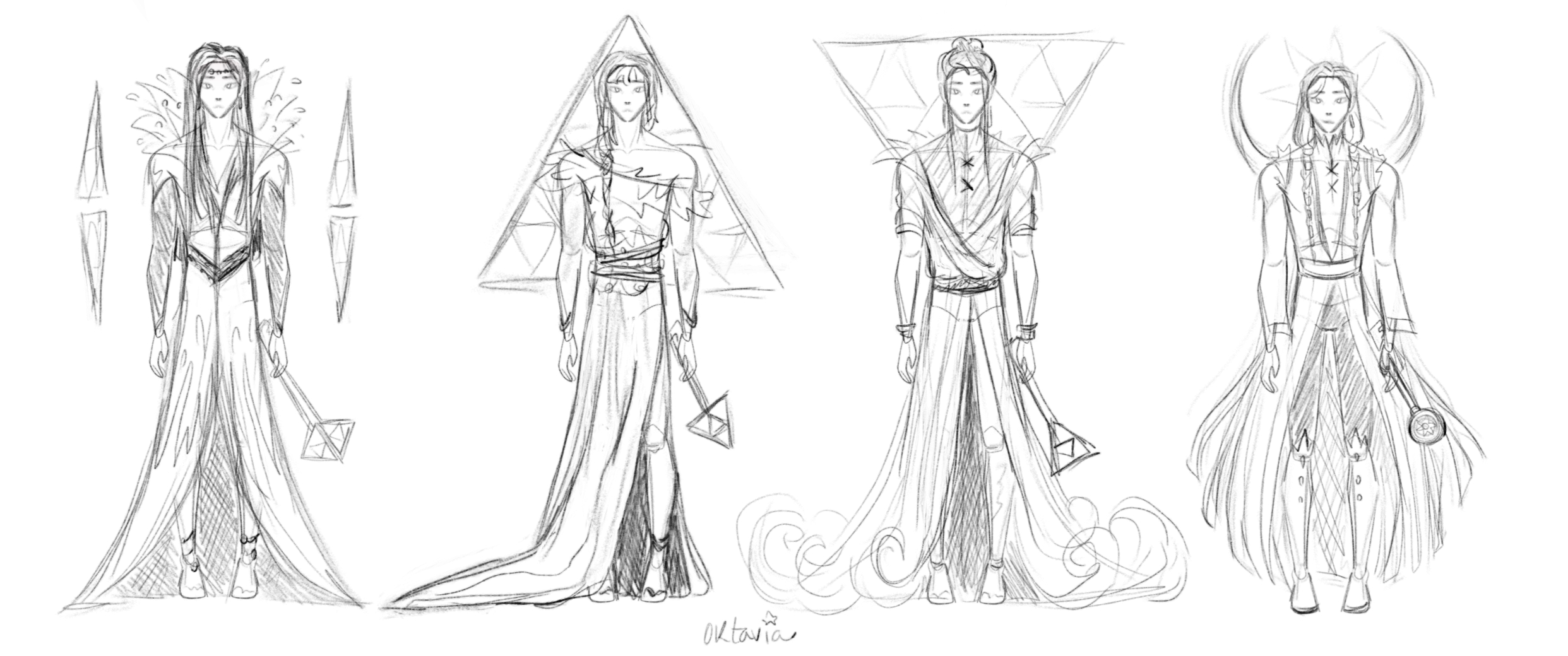 Multiple design variations of the final sorcerer form, experimenting with magical attire and powerful artifacts.