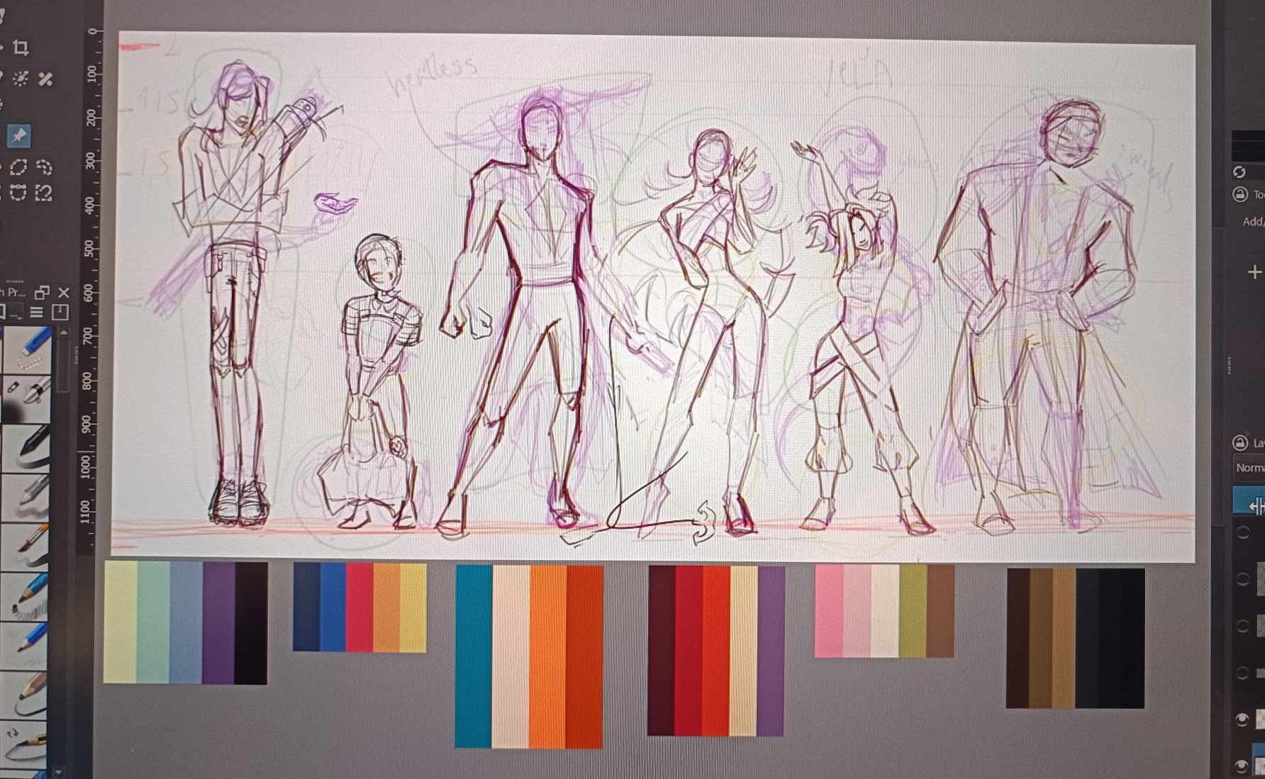 Rough sketch showing early character poses and color palette exploration for the Junkyard Pirates crew.