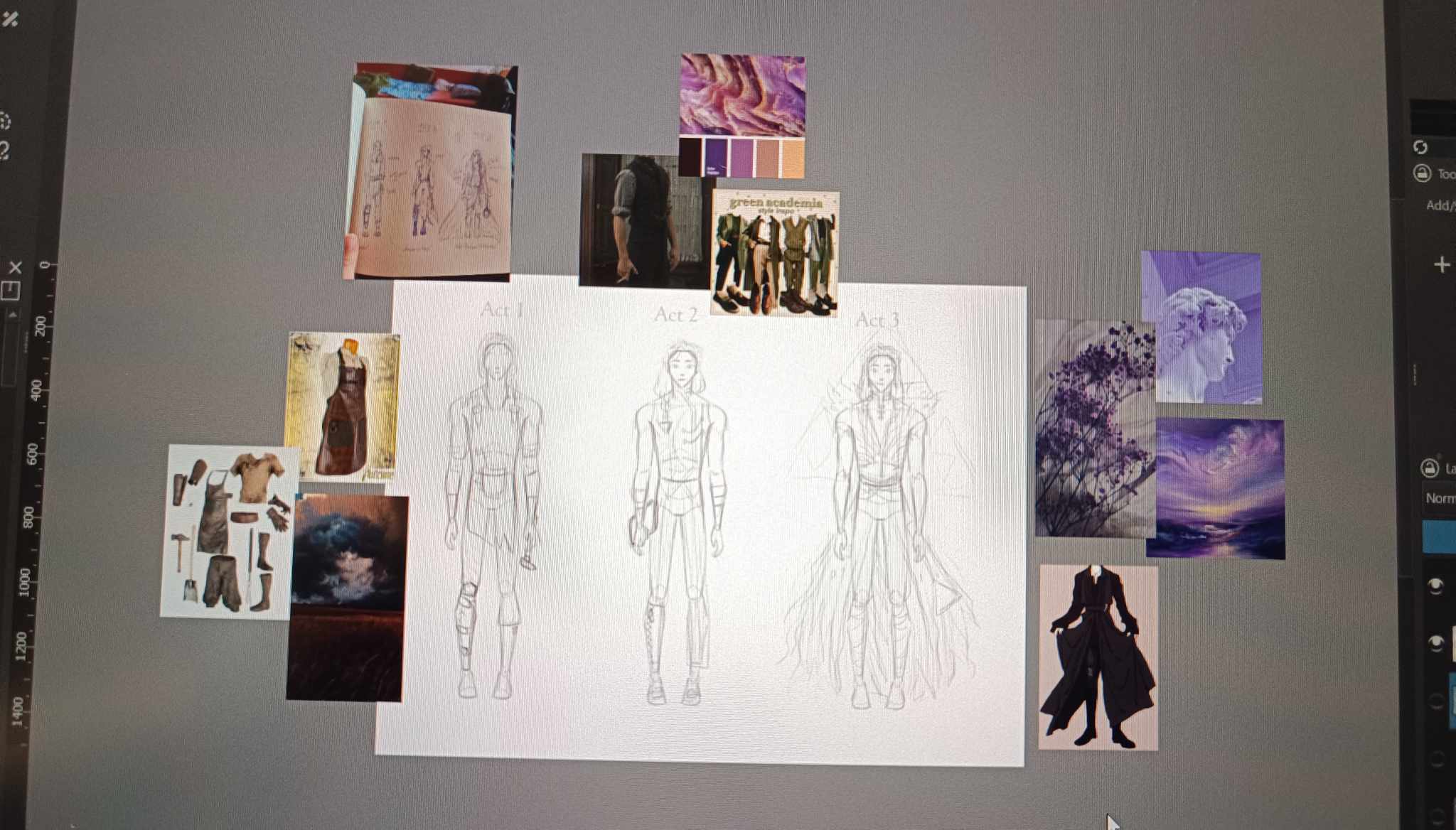 Artist’s workspace featuring early character sketches and inspiration references for color and mood.