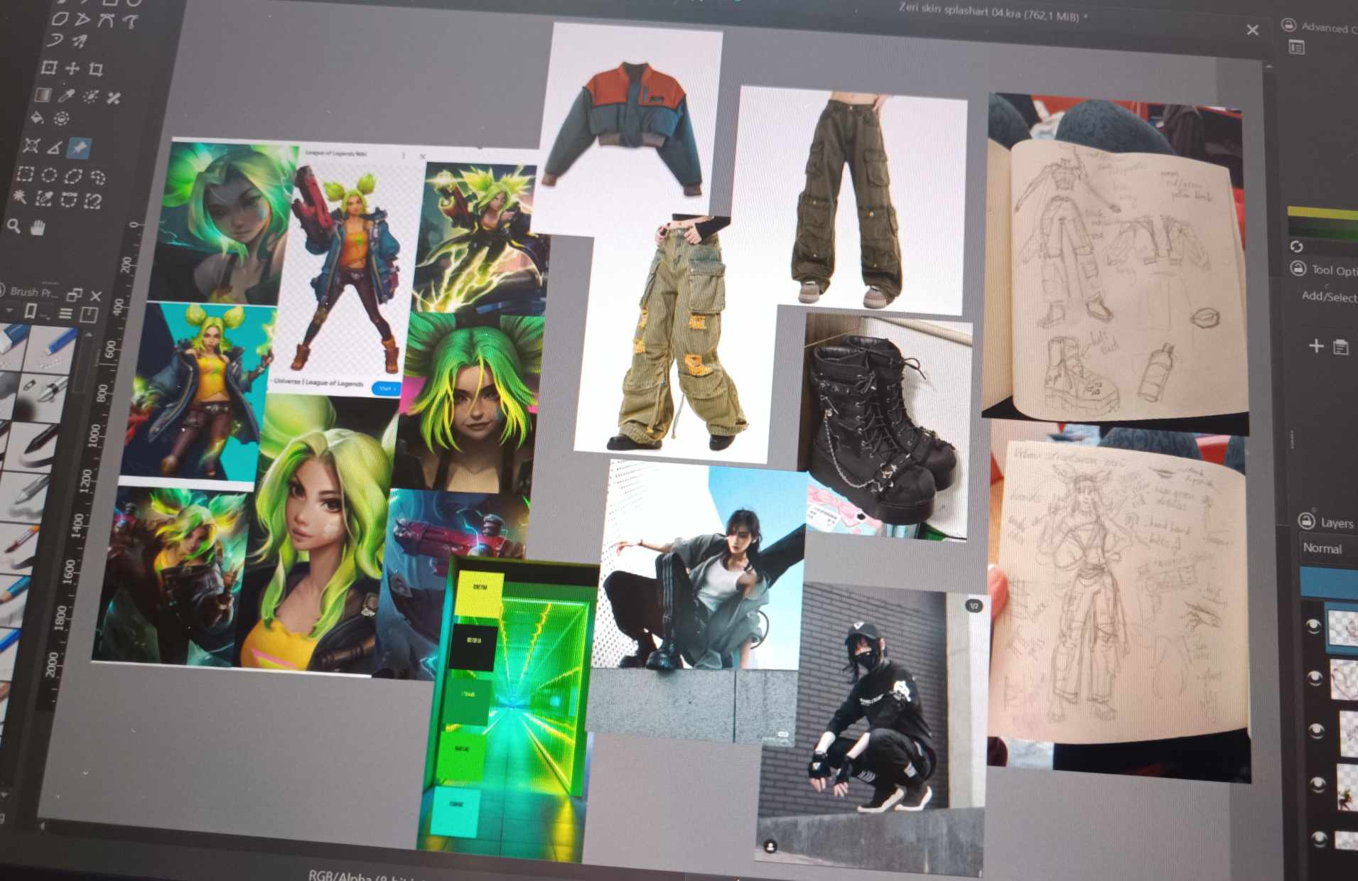 Artist’s workspace with sketches, reference images, and brainstorming for a League of Legends skin concept.