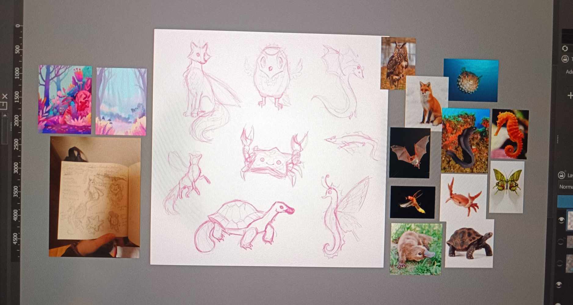 Workspace showcasing creature fusion process, including sketches and reference images of animals used for hybrid designs.