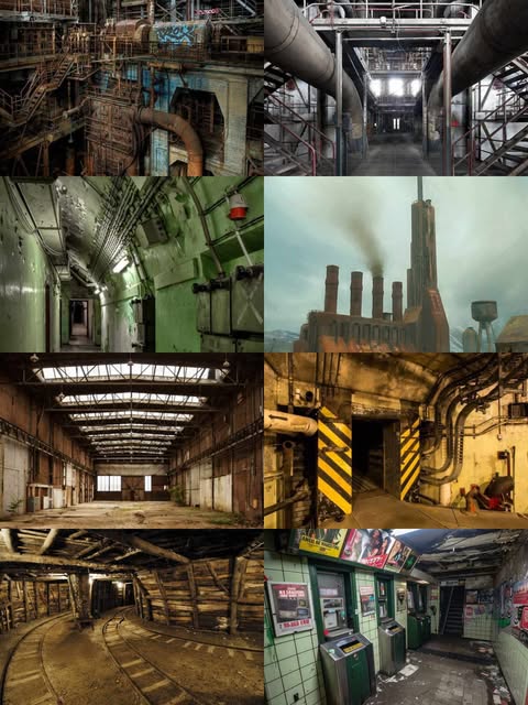 Moodboard and sketches for a 3D abandoned factory environment, featuring industrial decay and atmospheric lighting.