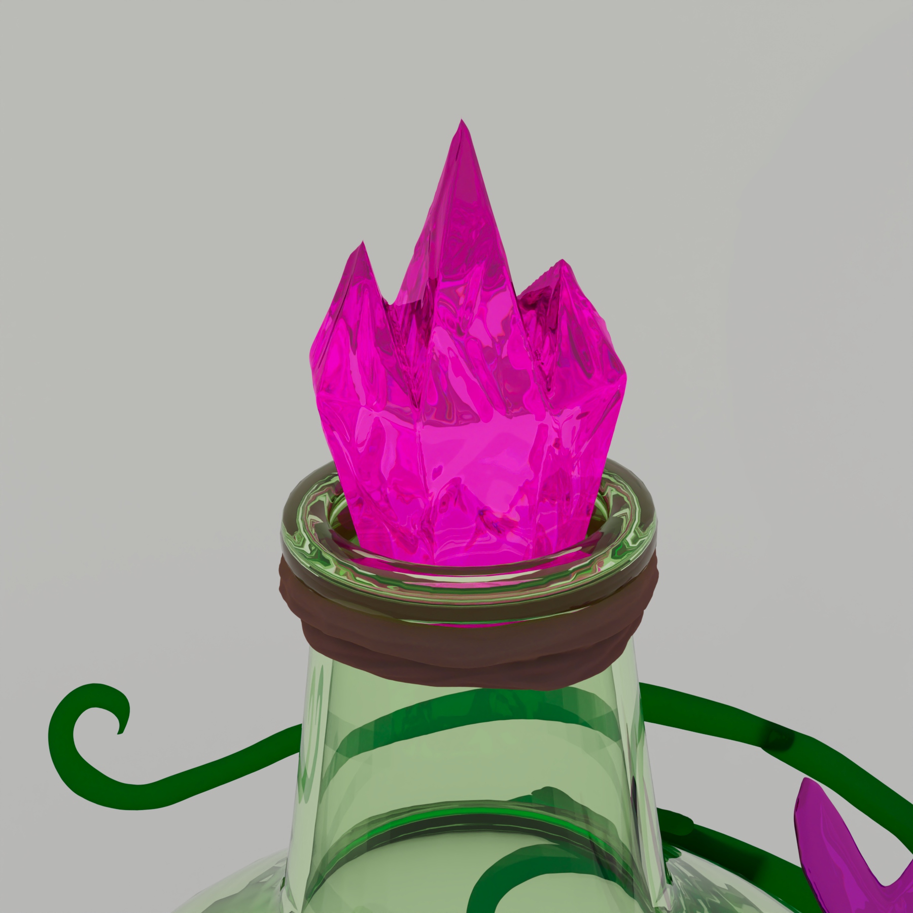 Final render of a fantasy perfume bottle, shining with magical crystal textures and nature-inspired decorations.