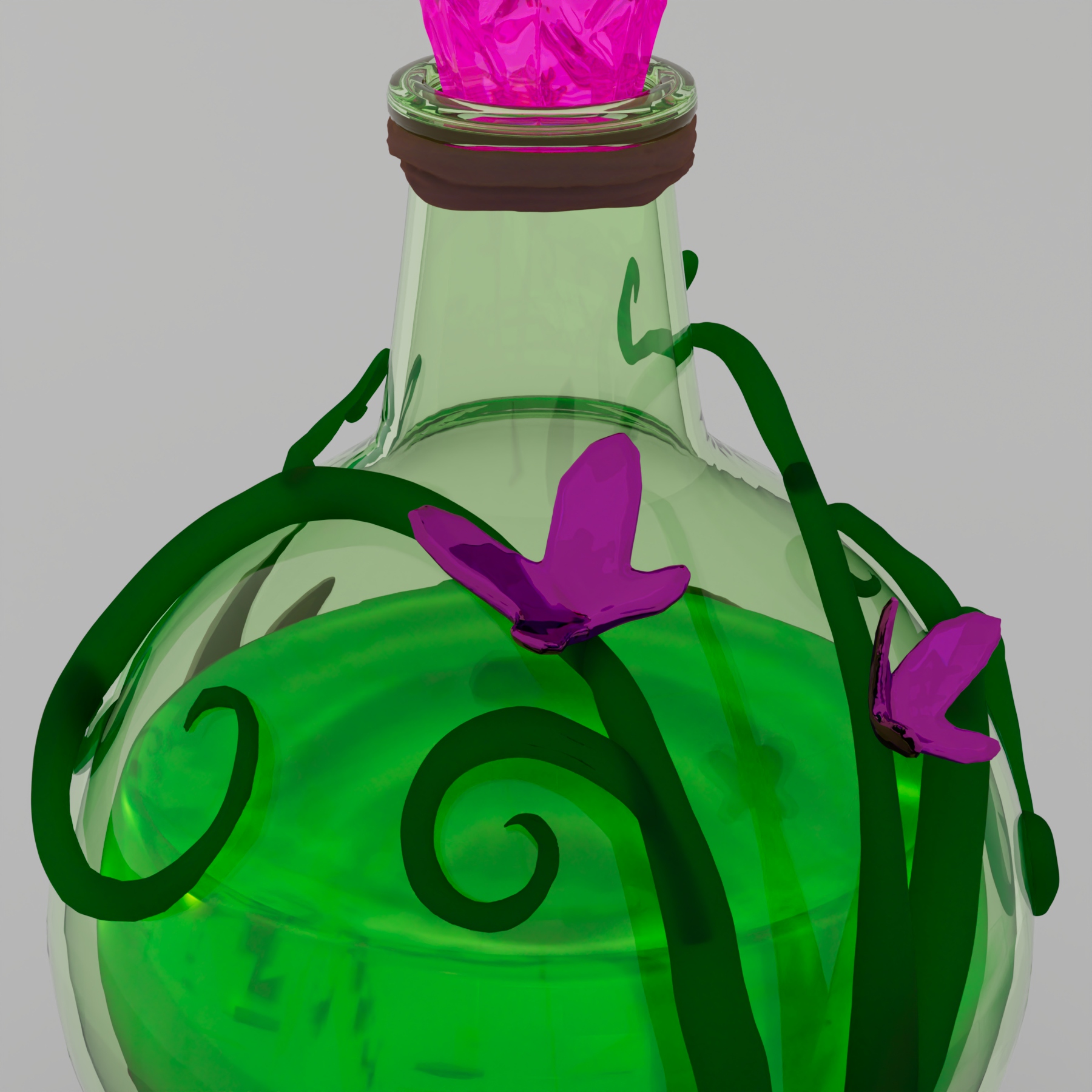 Final render of a fantasy perfume bottle, shining with magical crystal textures and nature-inspired decorations.