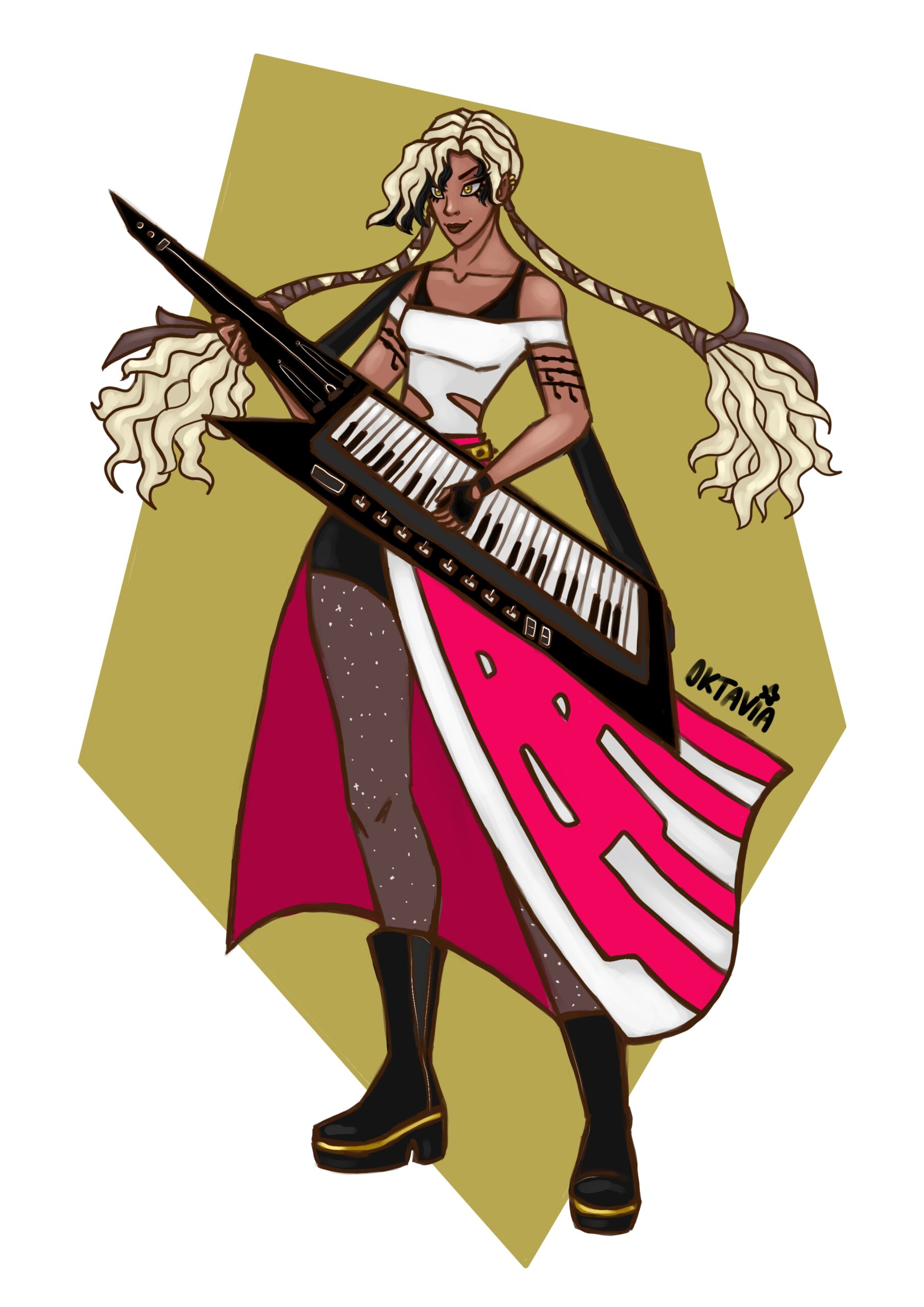 Futuristic musician with a keytar, designed with bold, dynamic elements and inspired by live stage performances.