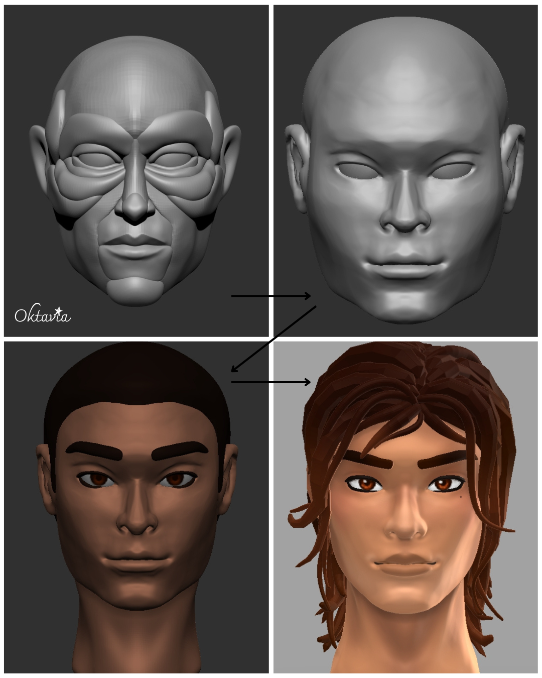 3D sculpting process of a male head in ZBrush, showing stages from base model to final details.