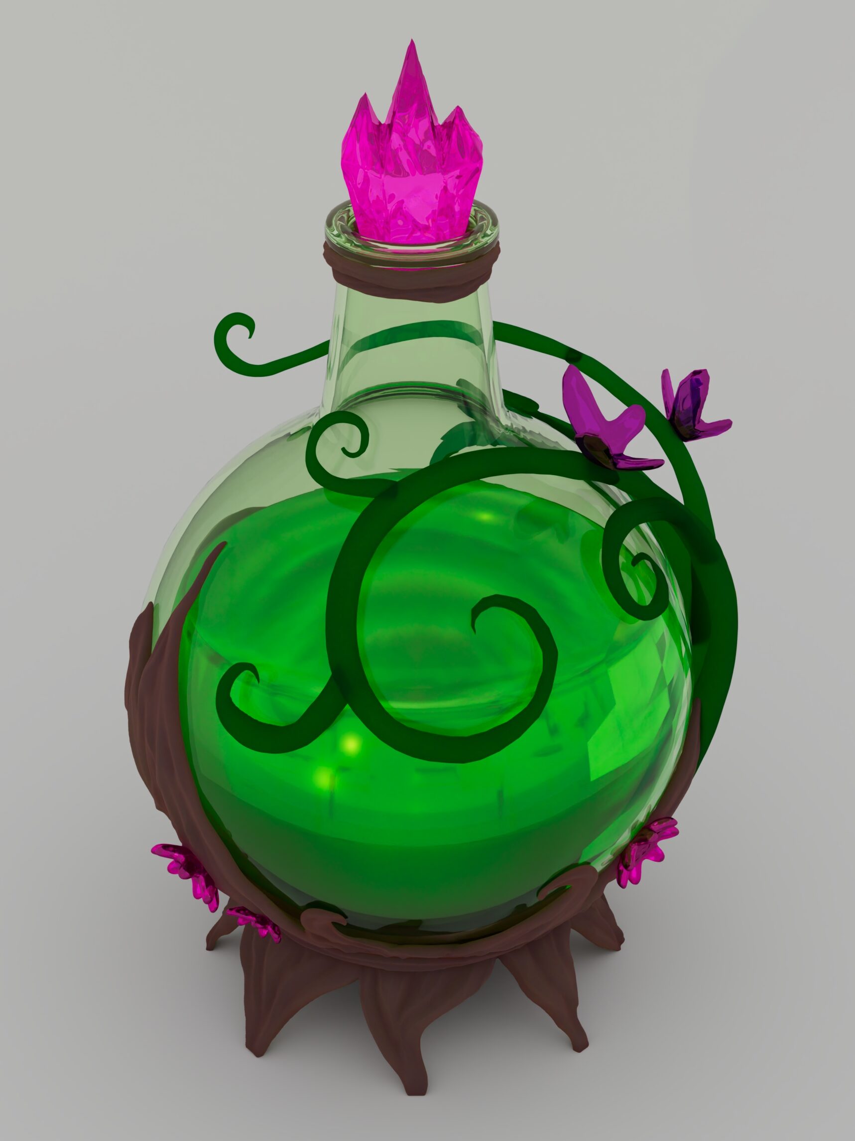 Final render of a fantasy perfume bottle, shining with magical crystal textures and nature-inspired decorations.