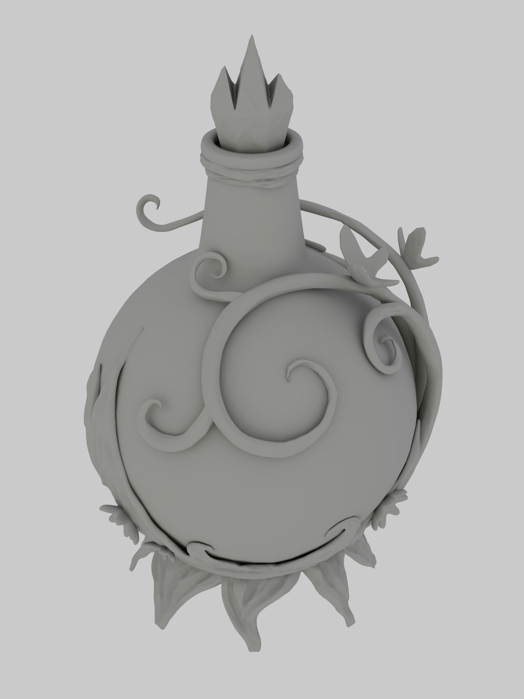 Fantasy perfume bottle concept sketches with intricate fairy-tale-inspired designs, featuring ivy, flowers, and crystals.