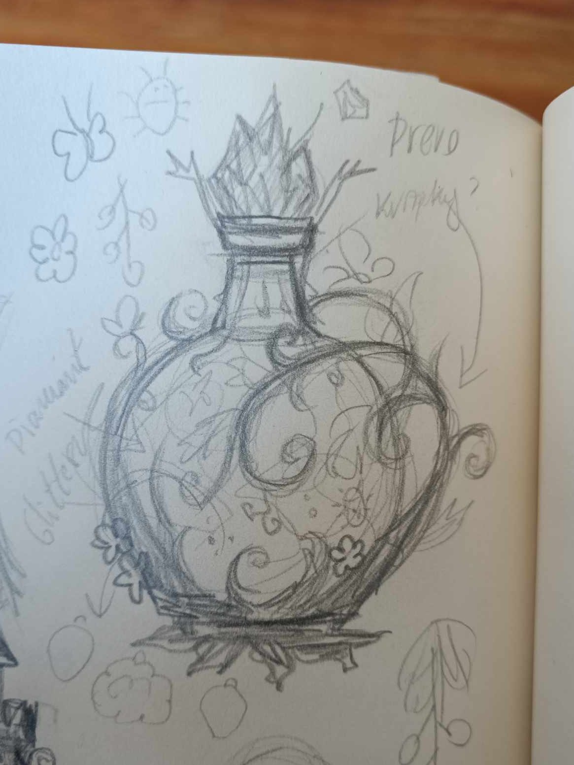 Fantasy perfume bottle concept sketches with intricate fairy-tale-inspired designs, featuring ivy, flowers, and crystals.